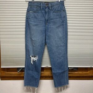Something Navy Distressed High Waist Straight Raw Hem Ankle Jeans Size 4